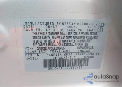 2014 Nissan Versa 1.6 S+ z USA, uszkodzony, nr VIN 3N1CN7AP3EL830455